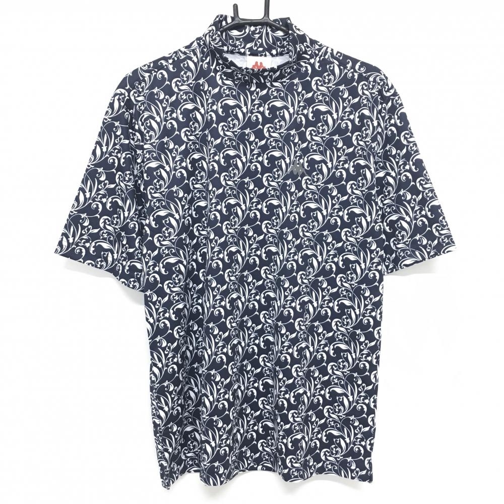 【超美品】カッパ 半袖ハイネックシャツ ネイビー×白 総柄 メンズ LARGE ゴルフウェア Kappa