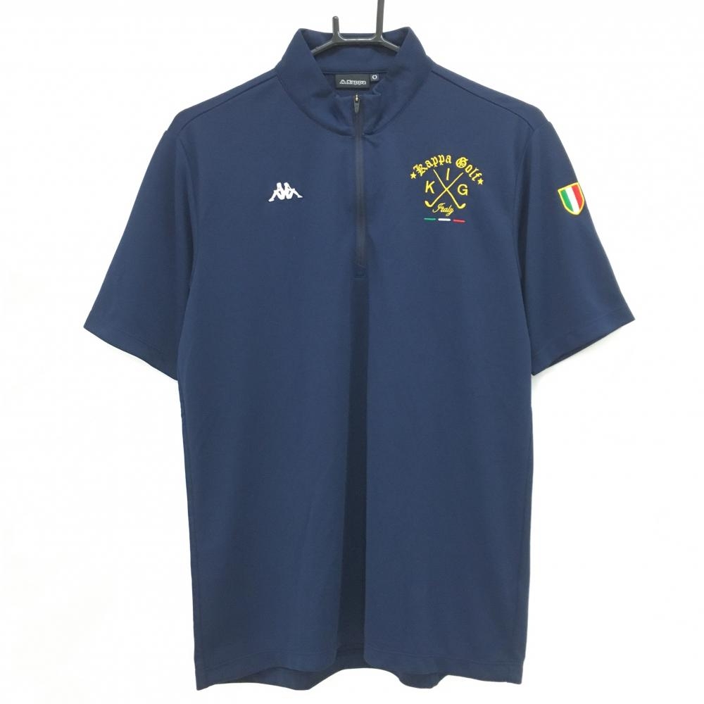【超美品】カッパ 半袖ハイネックシャツ ネイビー×イエロー ハーフジップ ストレッチ メンズ 0(XL) ゴルフウェア Kappa