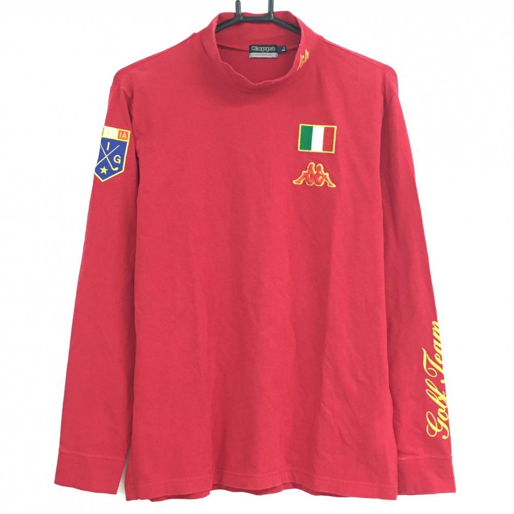 【美品】カッパ 長袖ハイネックシャツ レッド×オレンジ ネックITALIAプリント ロゴ刺しゅう メンズ L ゴルフウェア Kappa