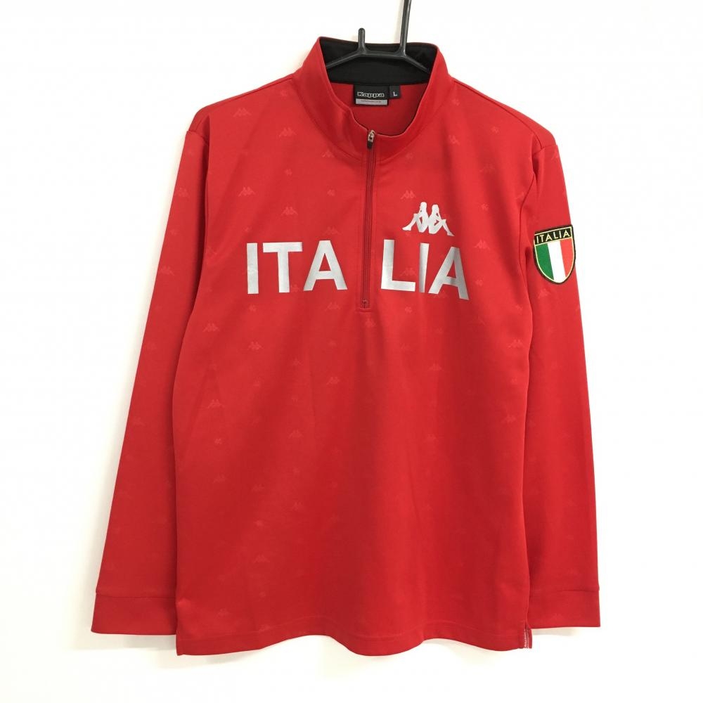 【美品】カッパ 長袖ハイネックシャツ レッド ロゴシルバー ハーフジップ ロゴ地模様  メンズ L ゴルフウェア Kappa