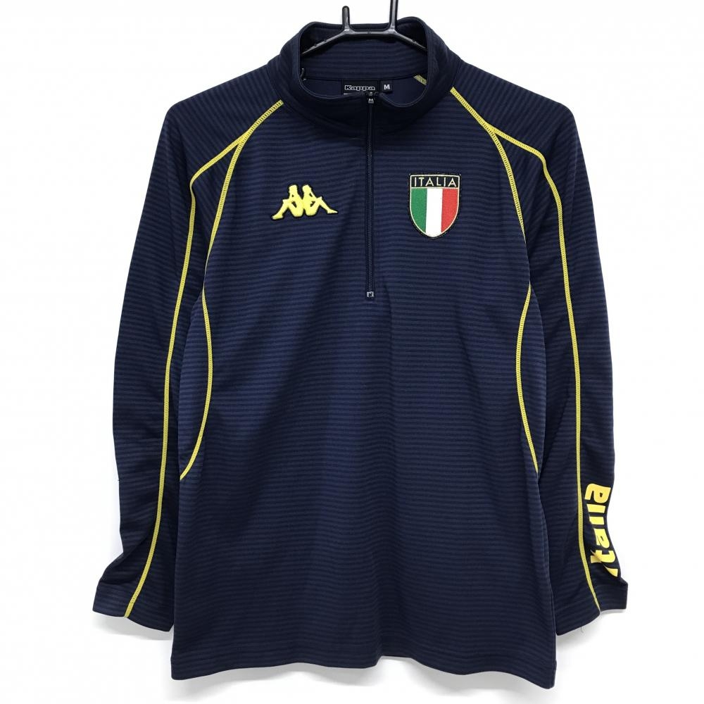 【美品】カッパ 長袖ハイネックシャツ ネイビー×イエロー ボーダー地模様 ロゴ刺しゅう ハーフジップ  メンズ M ゴルフウェア Kappa