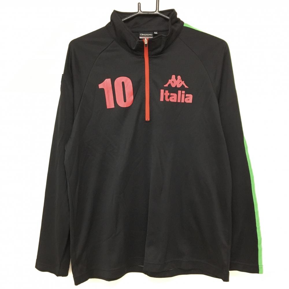 【超美品】カッパ 長袖ハイネックシャツ 黒 ハーフジップ 袖イタリアカラーライン ロゴレッド メンズ LL ゴルフウェア Kappa