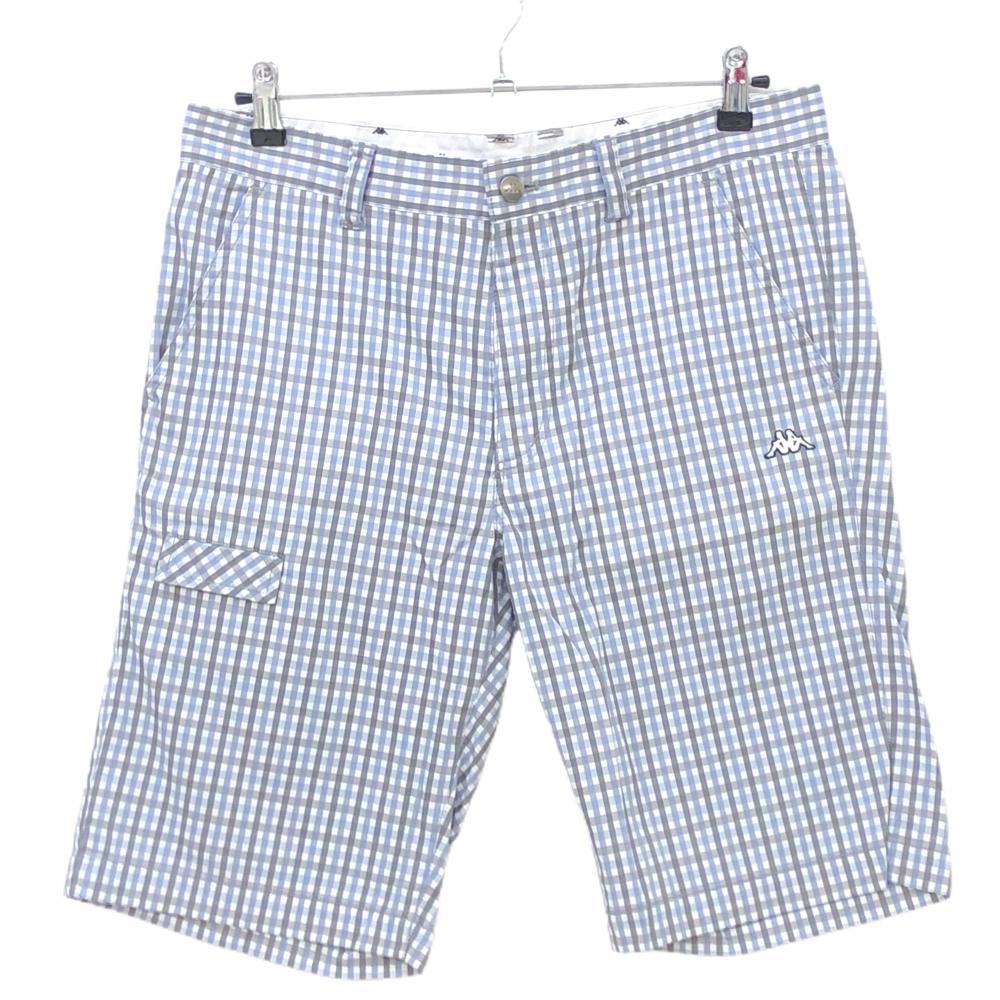 【超美品】カッパ ハーフパンツ グレー×スモーキーブルー チェック柄 ロゴ刺しゅう メンズ 82 ゴルフウェア Kappa