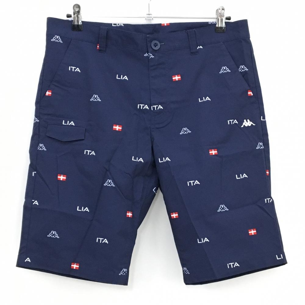 【美品】カッパ ハーフパンツ ネイビー×白 総柄 ロゴ刺しゅう メンズ XL ゴルフウェア Kappa