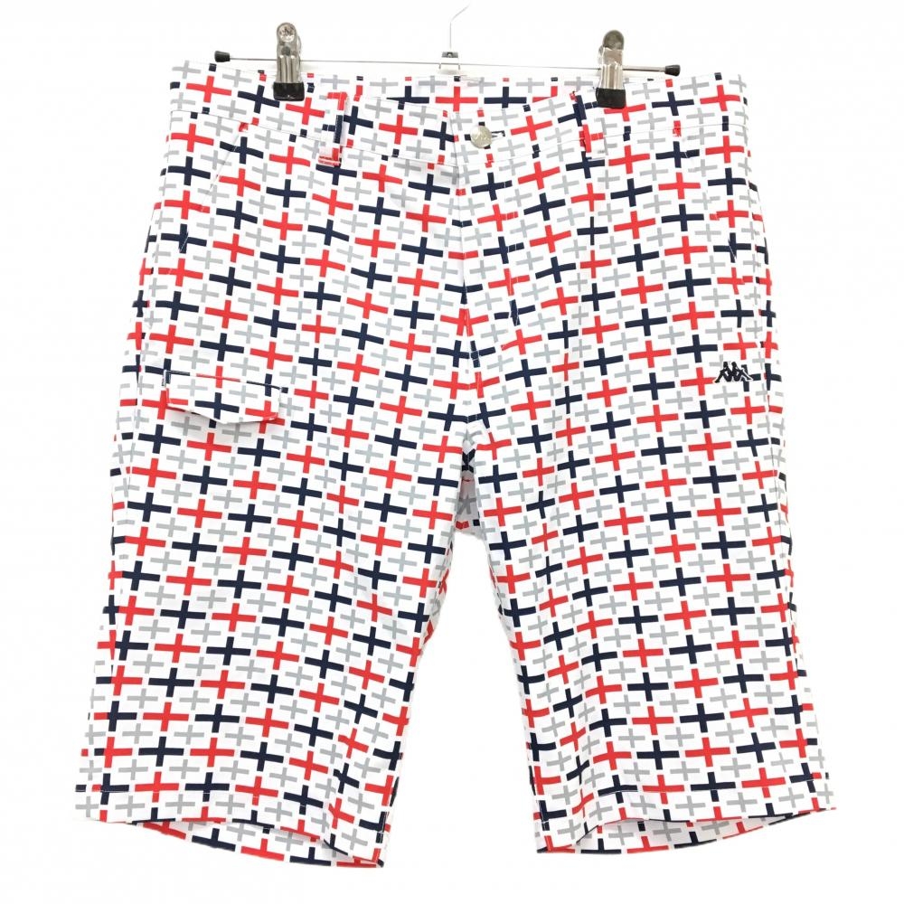 【新品】カッパ ハーフパンツ 白×レッド×ネイビー 十字総柄 撥水 ストレッチ メンズ XL ゴルフウェア Kappa