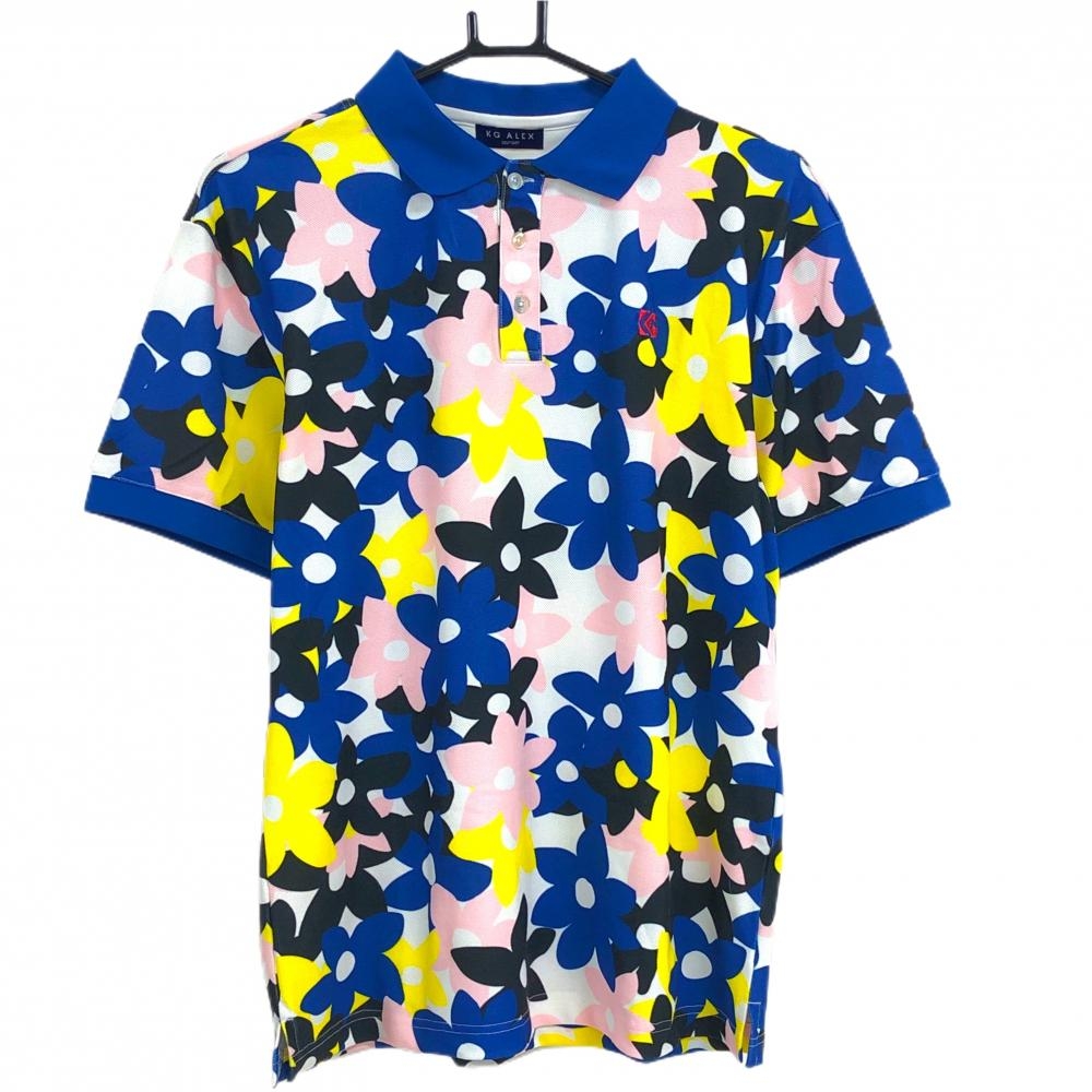 【美品】ケージーアレックス 半袖ポロシャツ ブルー×ピンク×イエロー 花柄 キスオンザグリーン メンズ L ゴルフウェア kiss on the green
