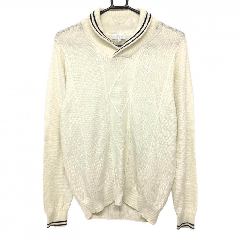 【美品】キャロウェイ 襟付きセーター アイボリー×ネイビー ニット 一部ケーブル編み アクリル混  メンズ L ゴルフウェア Callaway
