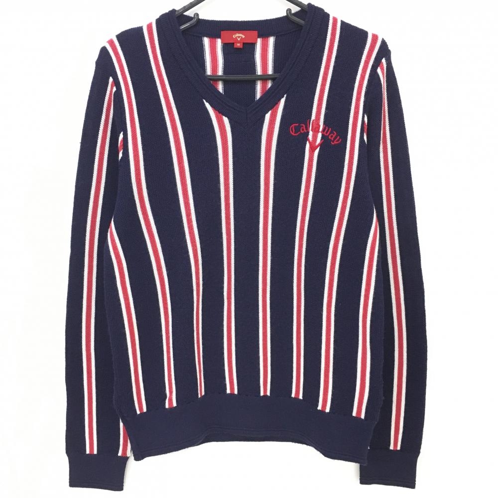 【美品】キャロウェイ レッドレーベル セーター ネイビー×レッド ストライプ ウール混 ニット  メンズ M ゴルフウェア Callaway