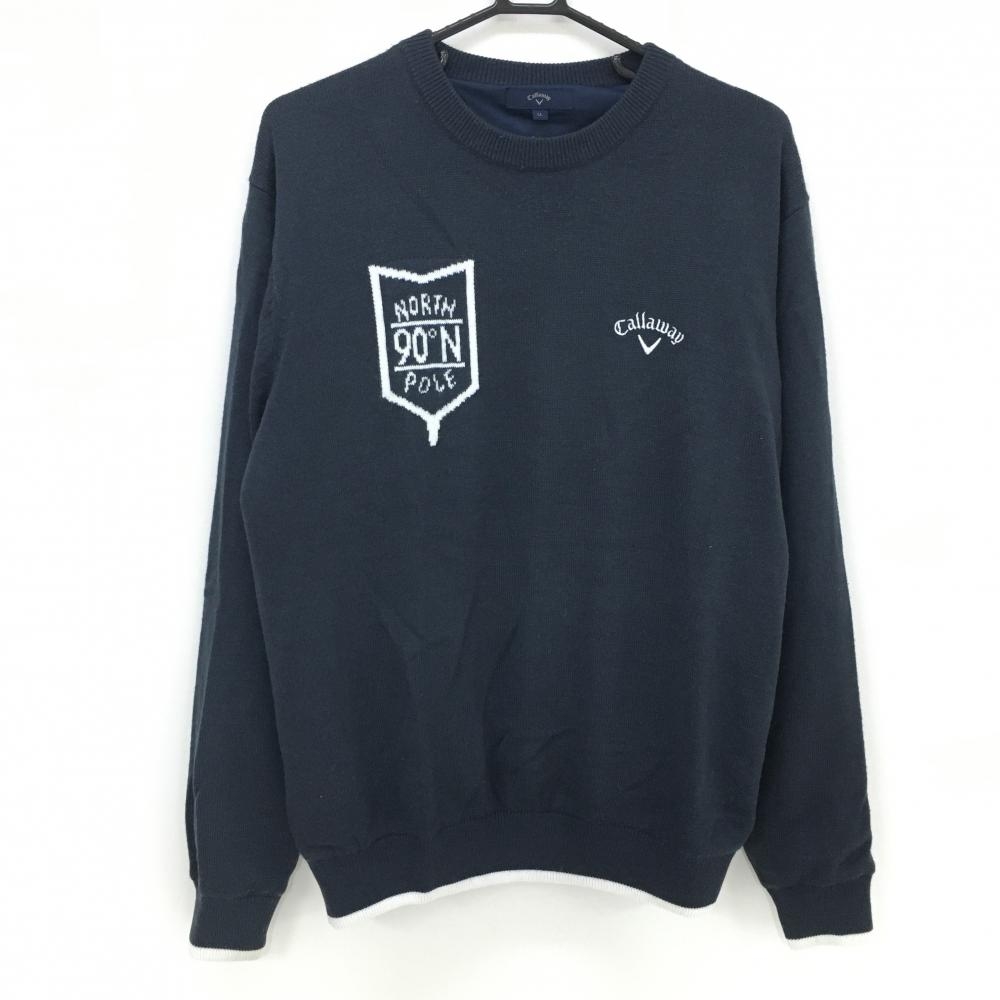 キャロウェイ 裏地付セーター ネイビー×白 ロゴ刺しゅう ニット  メンズ LL ゴルフウェア Callaway