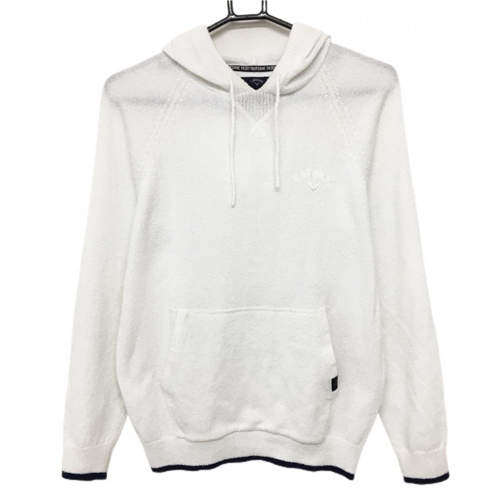 【美品】キャロウェイ ニットパーカー 白×ネイビー ロゴ刺しゅう セーター メンズ M ゴルフウェア Callaway