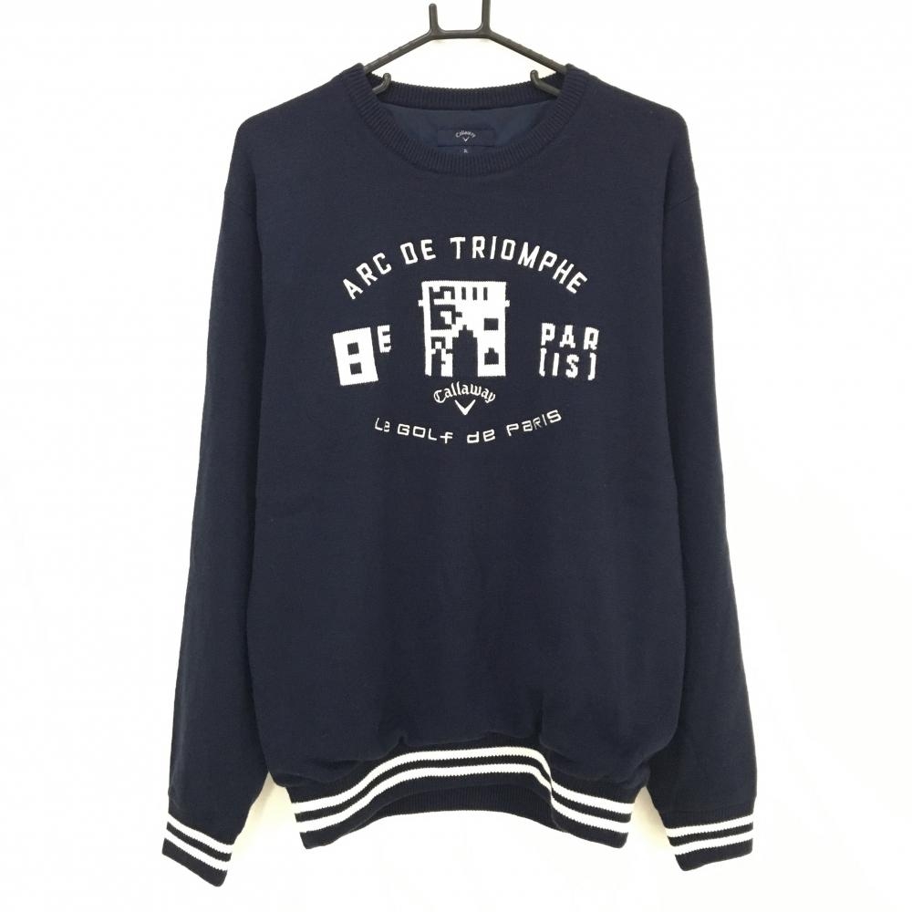 【美品】キャロウェイ セーター ネイビー×白 裏地付き 袖口2ライン ウール混 メンズ 3L ゴルフウェア 大きいサイズ Callaway