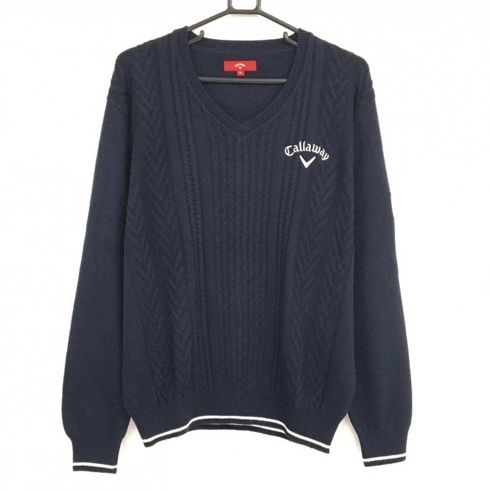 【超美品】キャロウェイ レッドレーベル セーター ネイビー ケーブル編み 袖に日本国旗 ニット メンズ LL ゴルフウェア Callaway