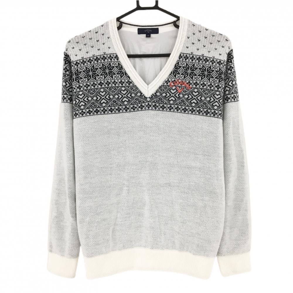 キャロウェイ セーター 白×黒 ノルディック柄 Vネック ロゴ刺しゅう裏地付  メンズ M ゴルフウェア Callaway