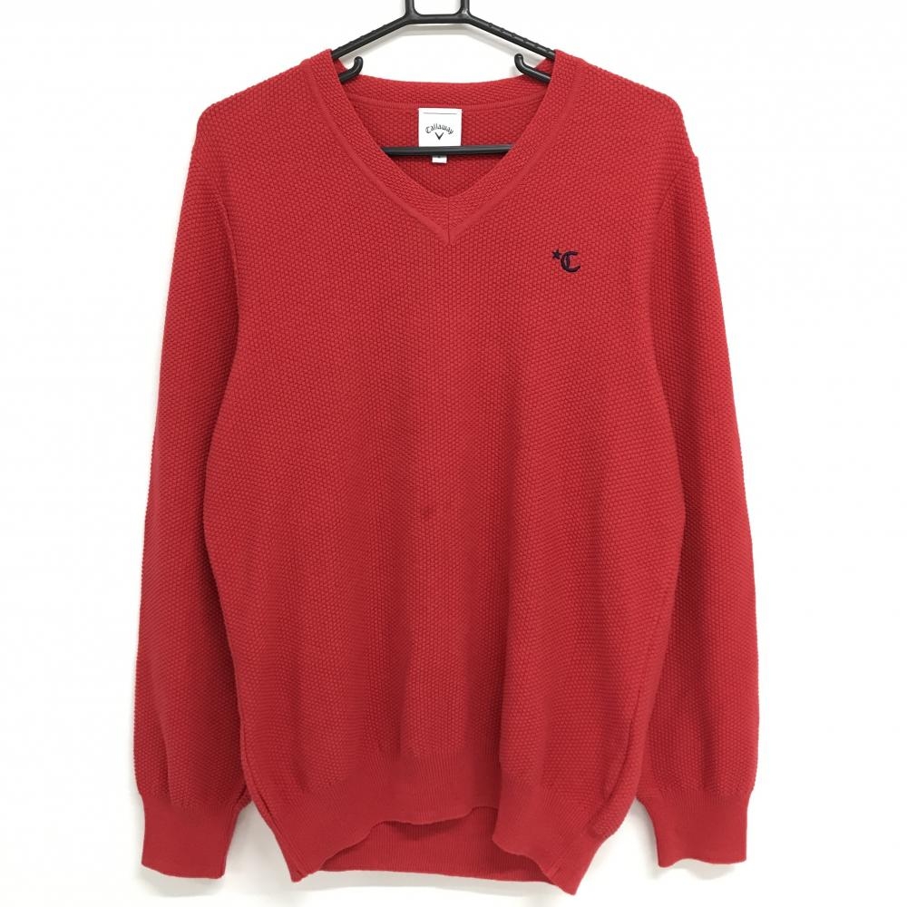 【美品】キャロウェイ セーター レッド 凹凸生地 ロゴ刺しゅう カシミヤ混 ニット　 メンズ L ゴルフウェア Callaway