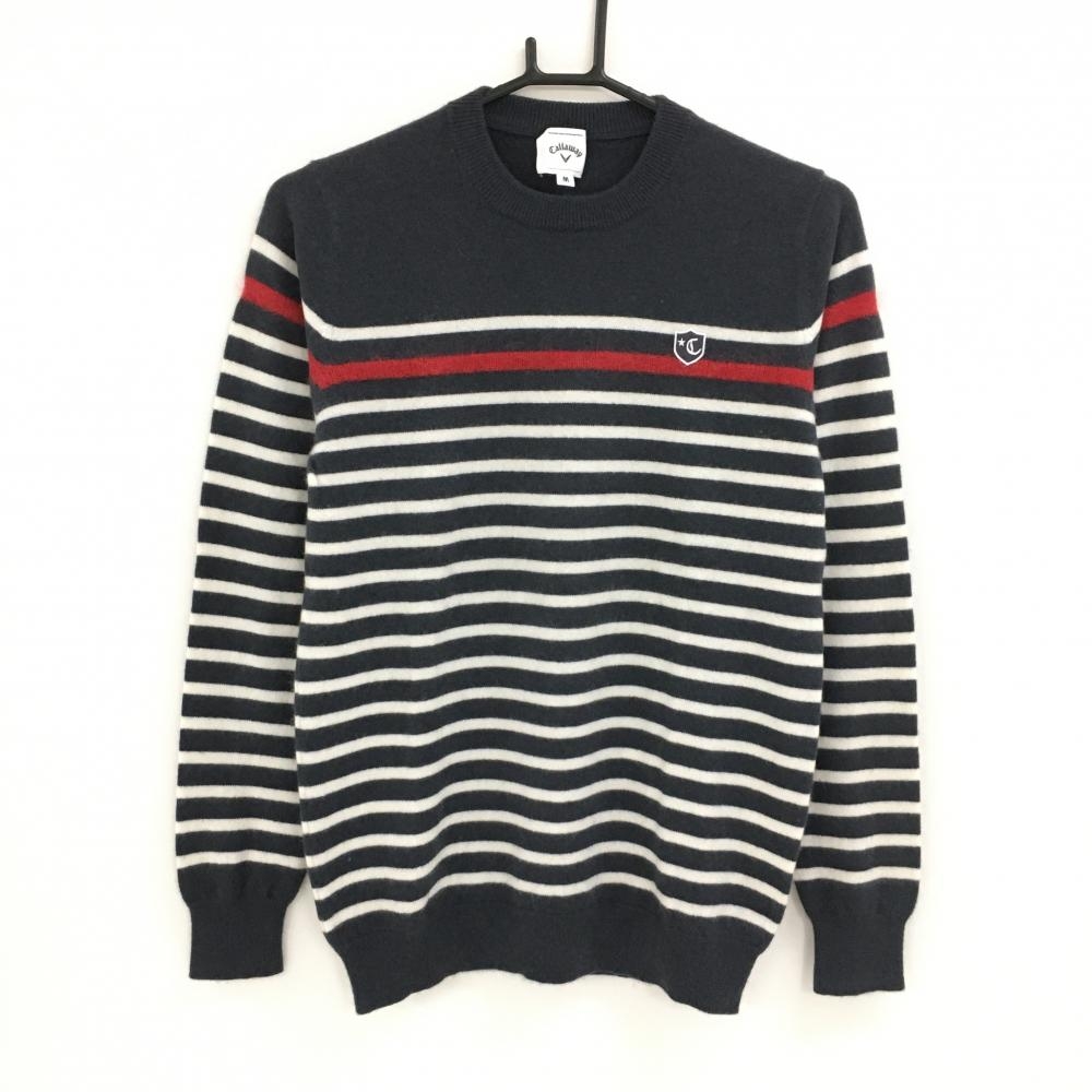 【美品】キャロウェイ セーター ネイビー系×白 ボーダー ワッペン カシミヤ100％ ニット メンズ M ゴルフウェア Callaway