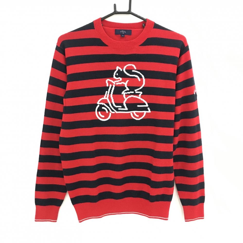 キャロウェイ セーター レッド×黒 ボーダー リス ウール混 ニット メンズ M ゴルフウェア Callaway