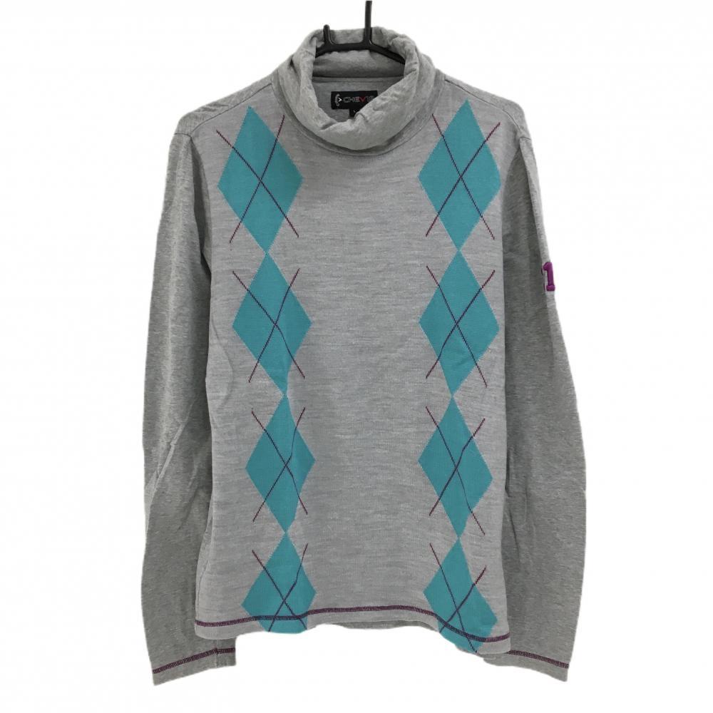 【美品】キャロウェイ 異素材タートルネックセーター グレー×グリーン系×パープル 前身頃ニット  メンズ L ゴルフウェア Callaway