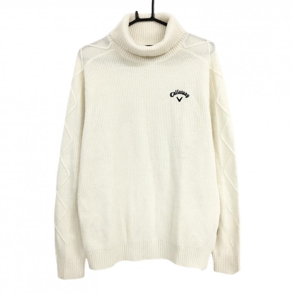 【超美品】キャロウェイ タートルネックセーター 白 ロゴ刺しゅう黒 ウール混 ニット  メンズ 3L ゴルフウェア 大きいサイズ Callaway