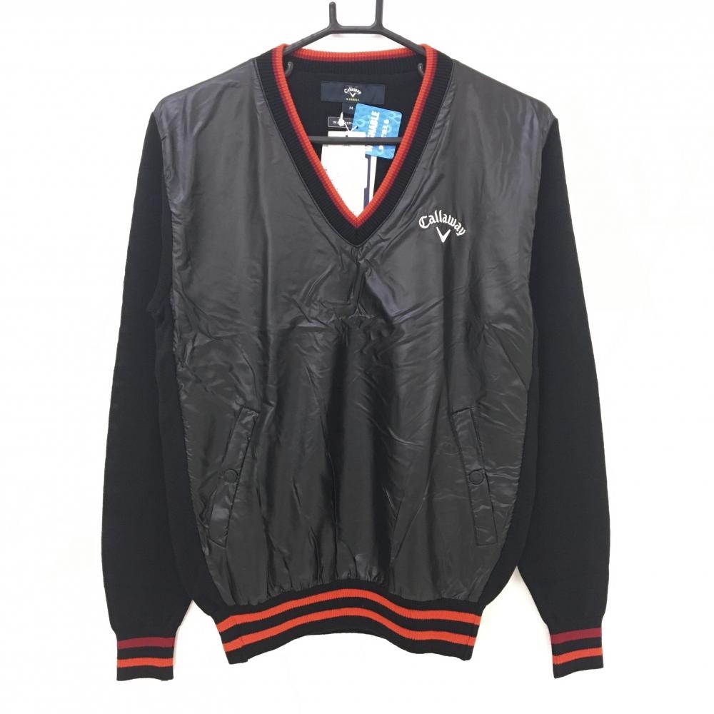 【新品】キャロウェイ 切替セーター 黒×レッド 前身頃地模様 Vネック ウール混 ニット  メンズ M ゴルフウェア Callaway