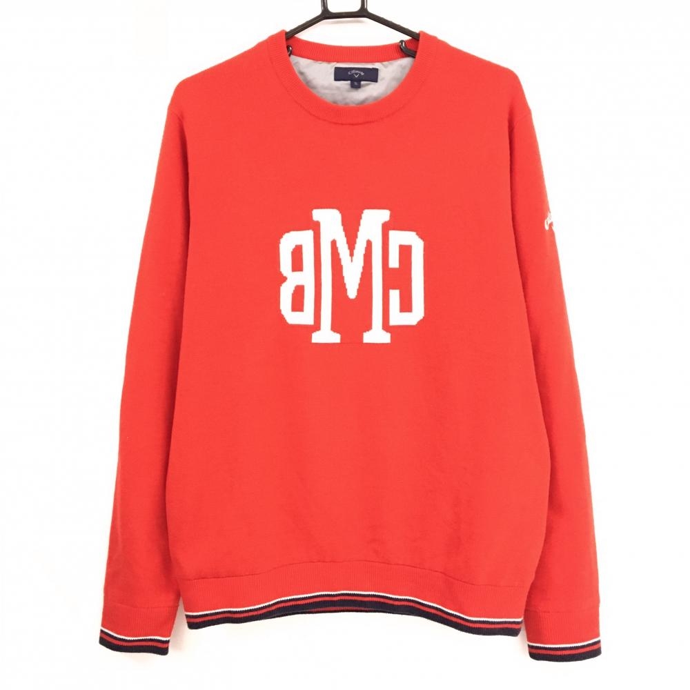 【美品】キャロウェイ セーター レッド×白 フロントロゴ 裏地付 ウール混 メンズ 3L ゴルフウェア 大きいサイズ Callaway