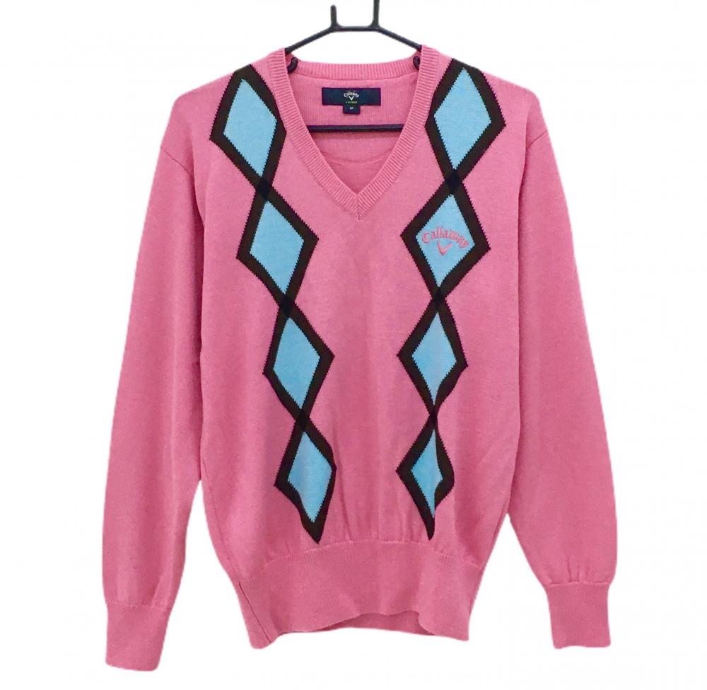 【美品】キャロウェイ セーター ピンク×ライトブルー フロントアーガイル風 胸ロゴ ウール混 Vネック  メンズ M ゴルフウェア Callaway