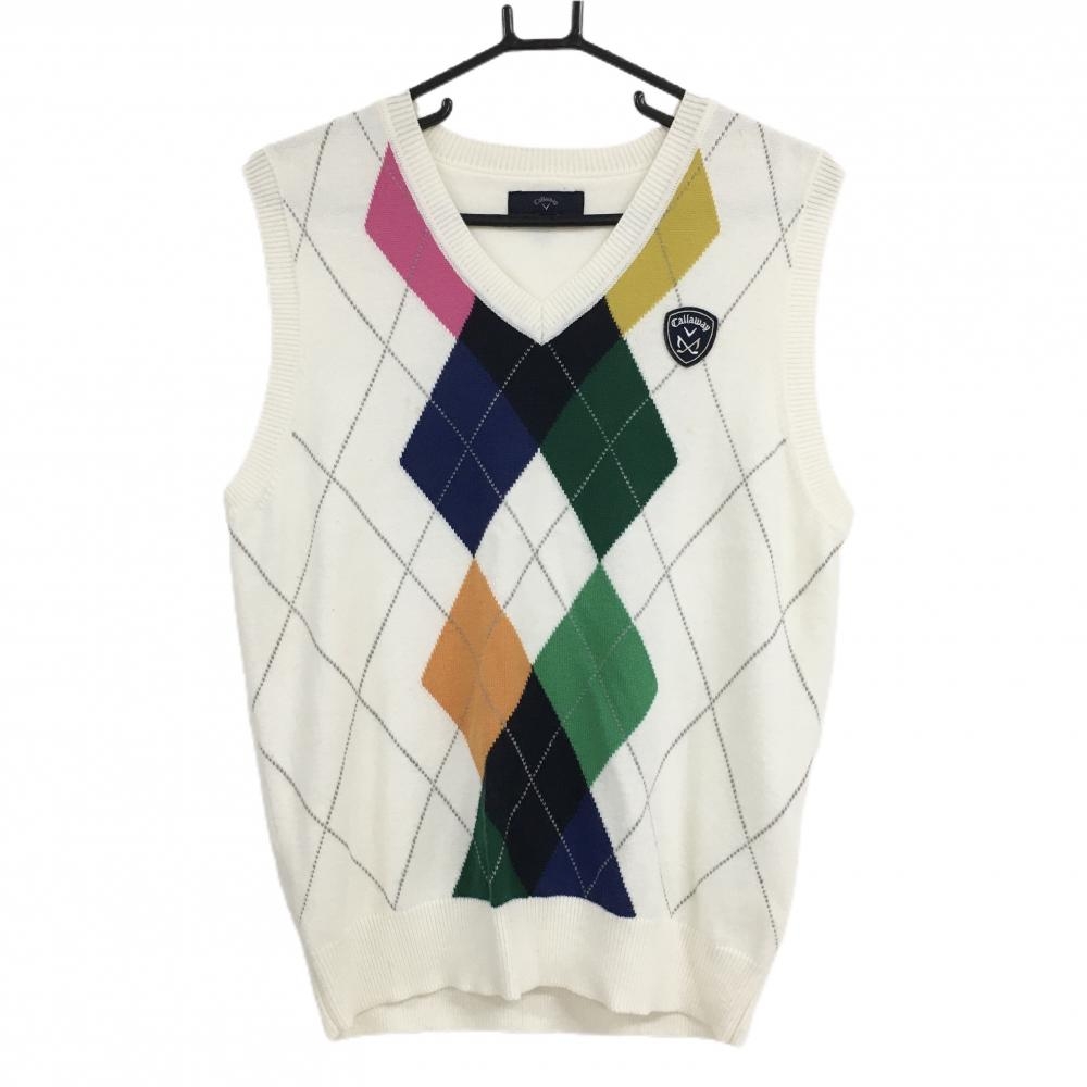 【美品】キャロウェイ ニットベスト 白×マルチ 前アーガイル柄 ウール混 Vネック  メンズ L ゴルフウェア Callaway