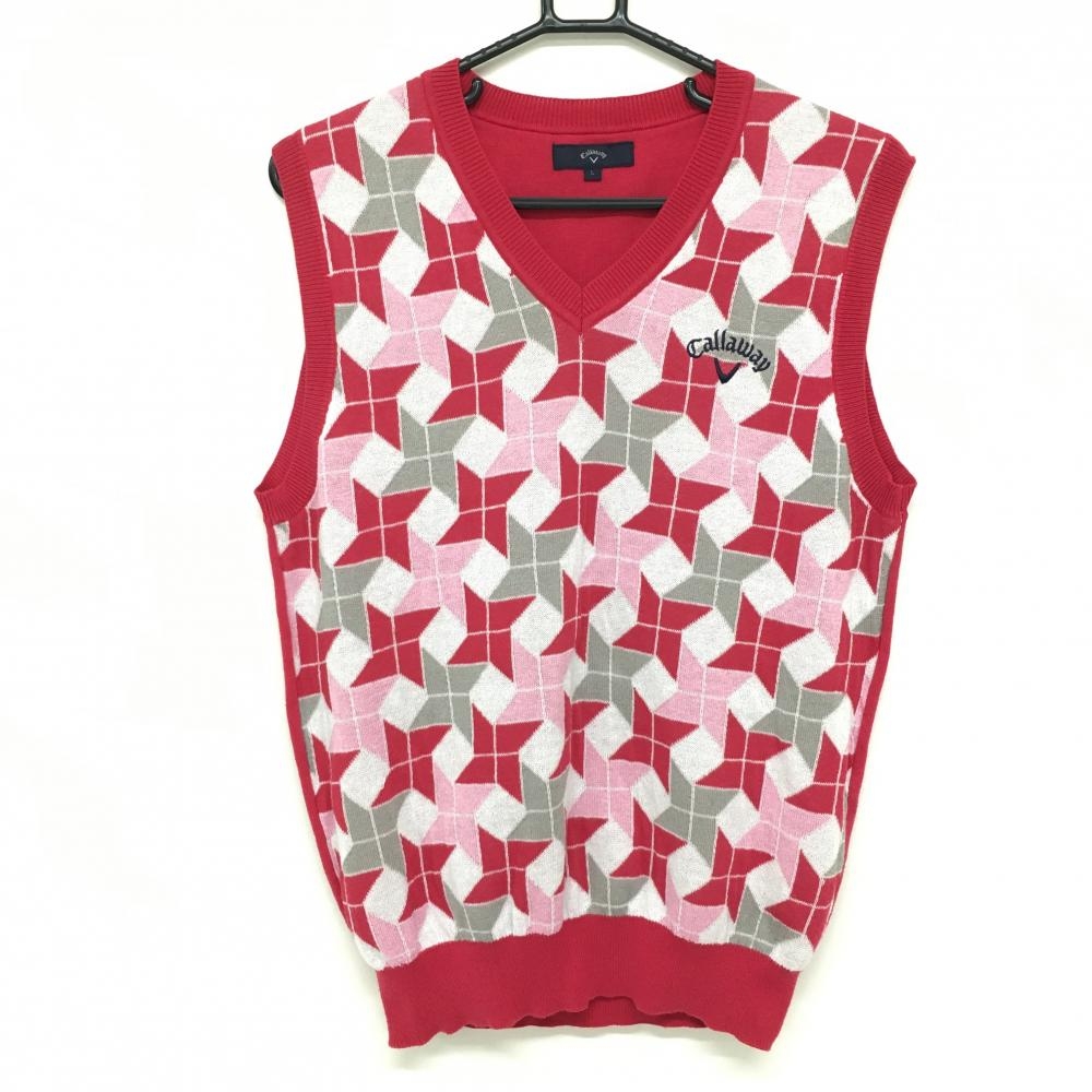 【美品】キャロウェイ ニットベスト ピンクレッド系×白 前面手裏剣柄 Vネック コットン混  メンズ L ゴルフウェア Callaway