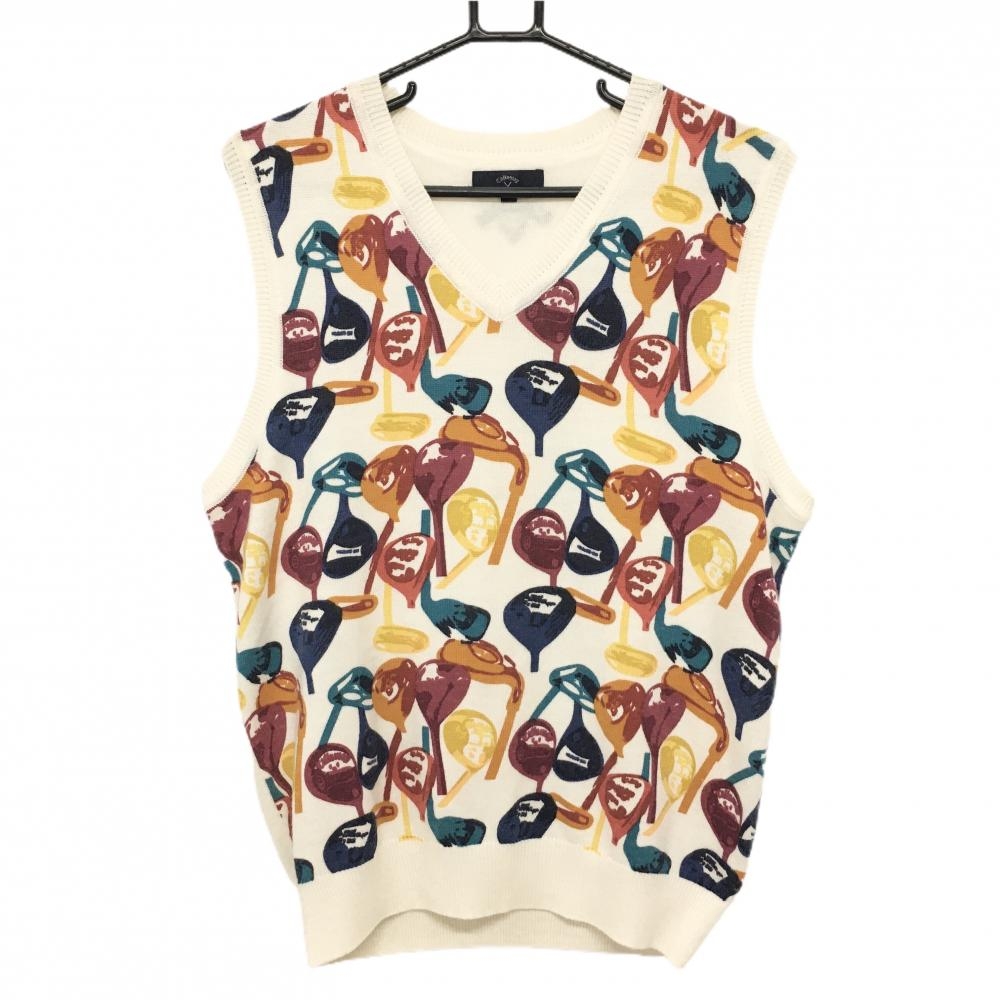 【美品】キャロウェイ ニットベスト アイボリー×マルチ 前面クラブ柄 ウール混 Vネック メンズ L ゴルフウェア Callaway