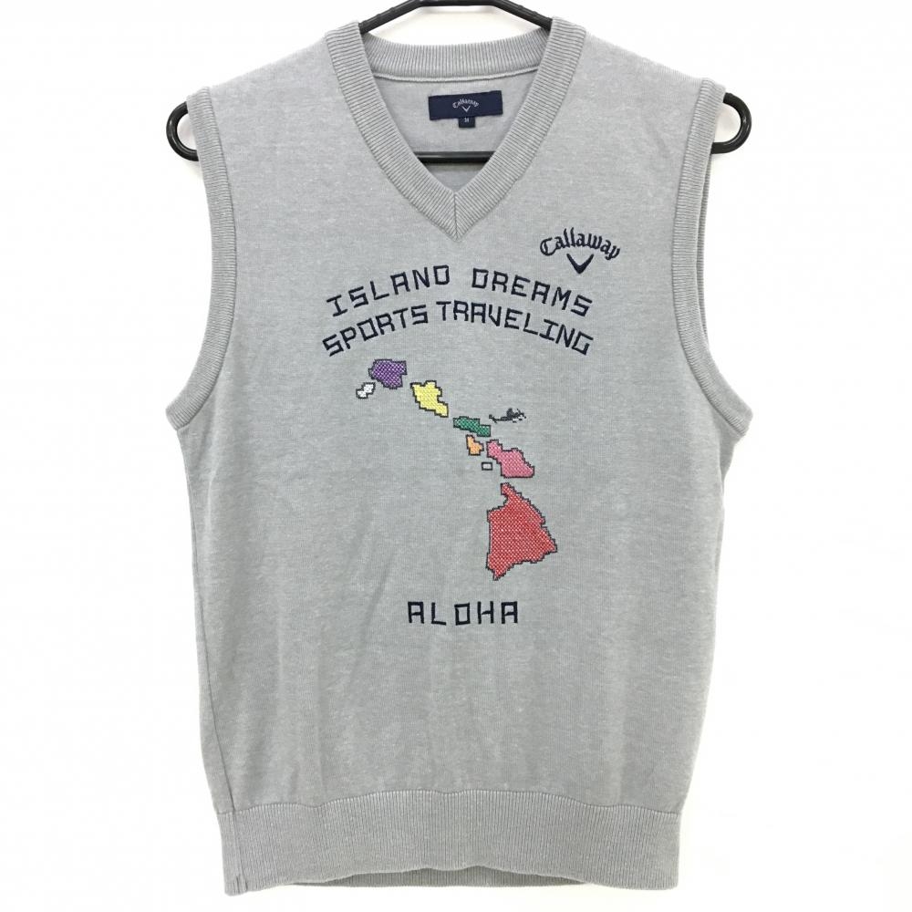 【超美品】キャロウェイ ニットベスト グレー×ネイビー コットン混 Vネック メンズ M ゴルフウェア Callaway