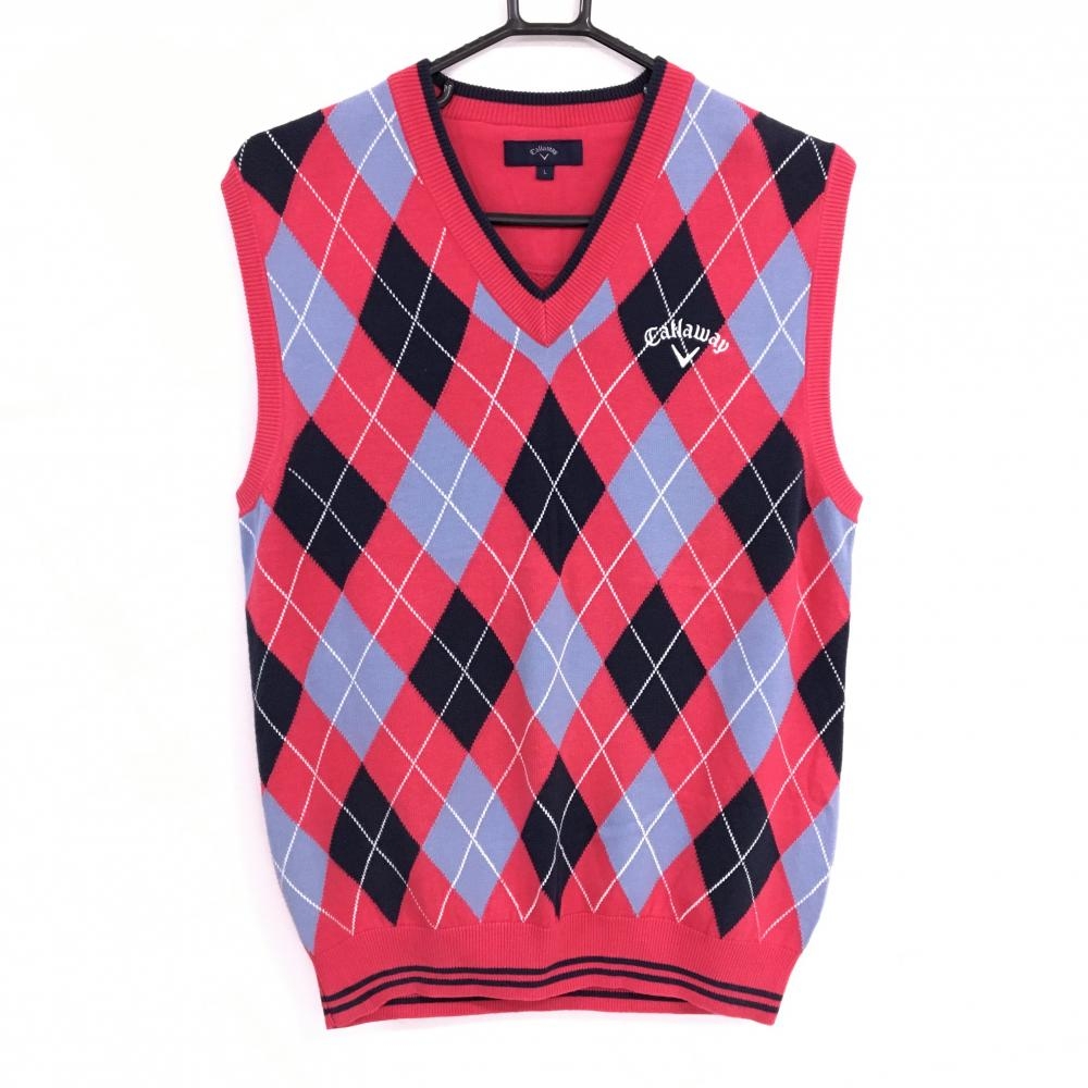【美品】キャロウェイ ニットベスト レッド×ネイビー アーガイル柄 ロゴ刺しゅう  メンズ L ゴルフウェア Callaway