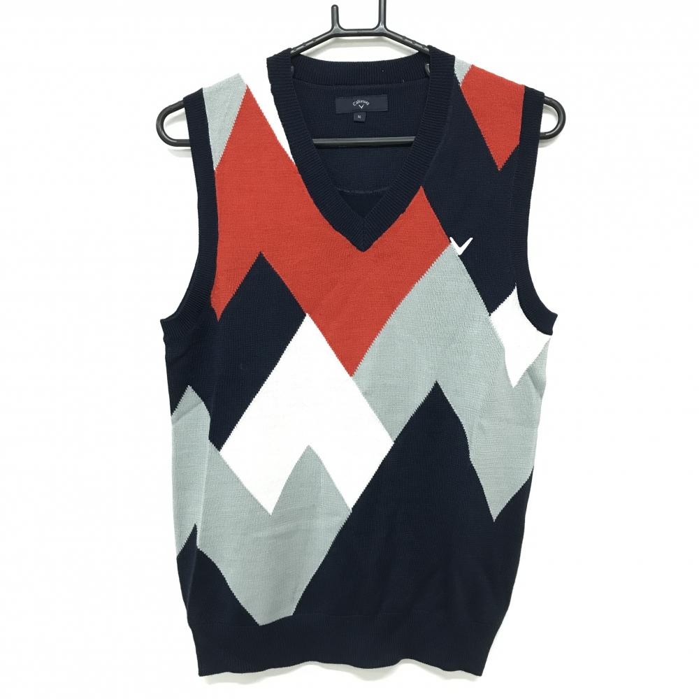 【超美品】キャロウェイ ニットベスト ネイビー×レッド×グレー 前面総柄 ウール混 Vネック メンズ M ゴルフウェア Callaway