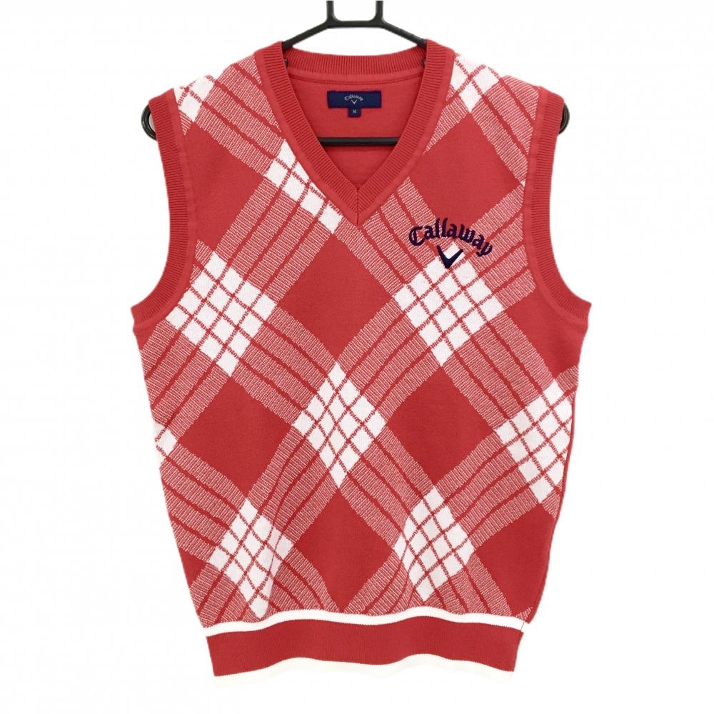 【超美品】キャロウェイ ニットベスト レッド×白 前チェック ロゴ刺しゅう Vネック メンズ M ゴルフウェア Callaway