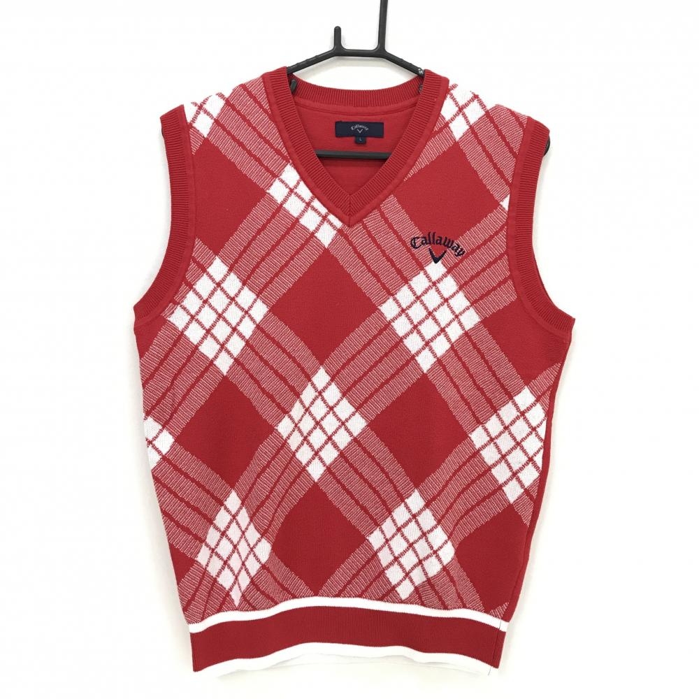 【美品】キャロウェイ ニットベスト レッド×白 前チェック ロゴネイビー コットン混 メンズ L ゴルフウェア Callaway