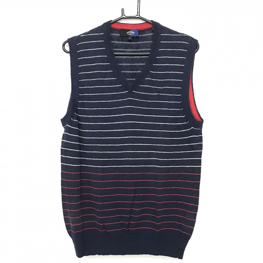 キャロウェイ ニットベスト ネイビー×白×レッド ボーダー 麻100% メンズ LL ゴルフウェア Callaway
