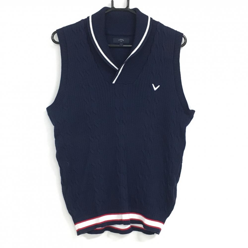 キャロウェイ ニットベスト ネイビー ケーブル編み ショールカラー  メンズ L ゴルフウェア Callaway