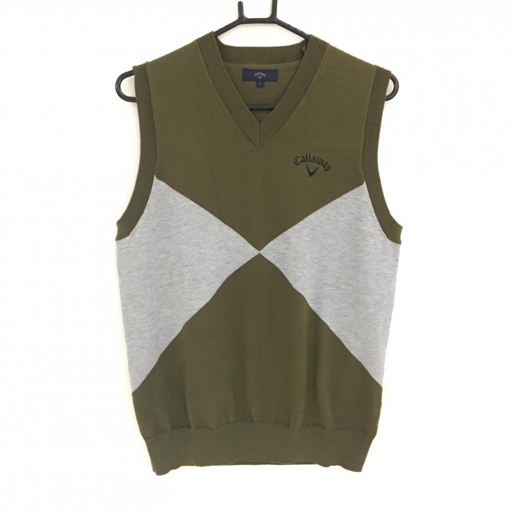 【超美品】キャロウェイ ニットベスト カーキ×ライトグレー ロゴ刺しゅう メンズ L ゴルフウェア 2024年モデル Callaway