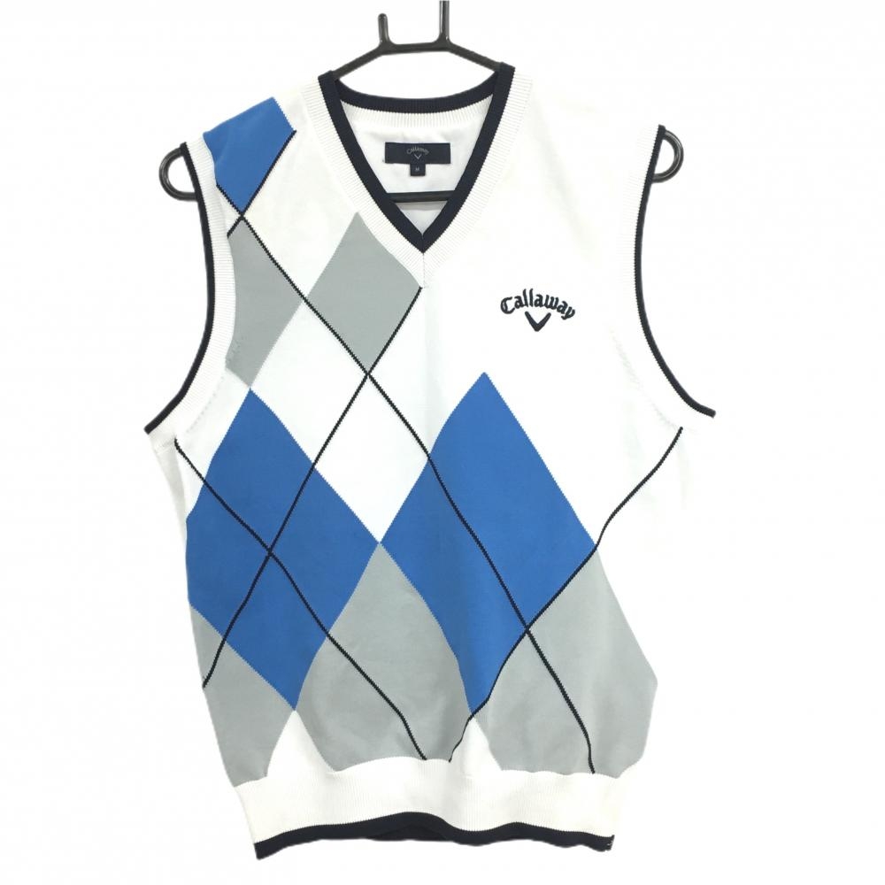 キャロウェイ ニットベスト 白×グレー×ブルー 前アーガイル Vネック メンズ M ゴルフウェア Callaway