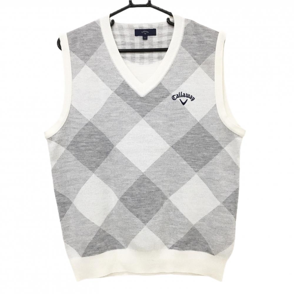 【美品】キャロウェイ ニットベスト 白系×グレー系 フロントブロックチェック ウール混 Vネック メンズ LL ゴルフウェア Callaway