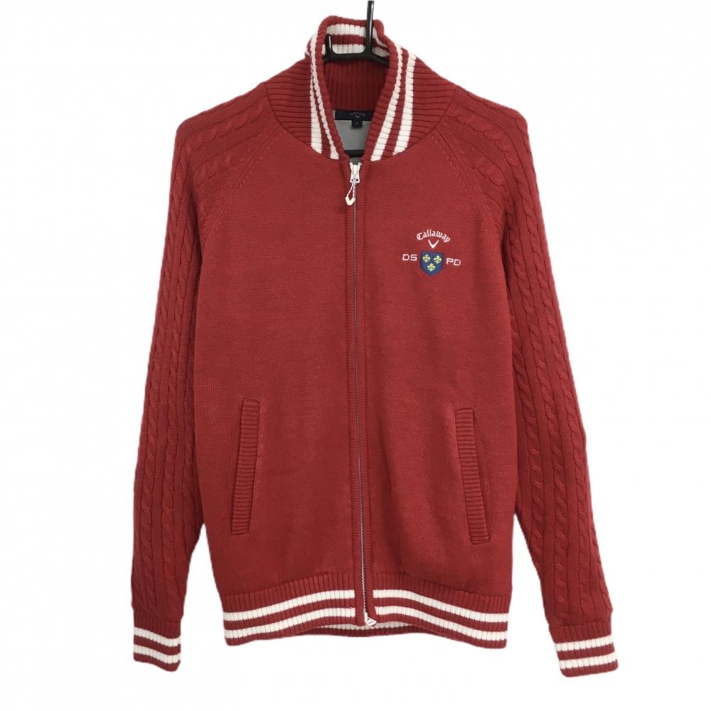 【美品】キャロウェイ ニットジャケット レッド×白 袖ケーブル編み ウール混 裏地付き メンズ M ゴルフウェア Callaway