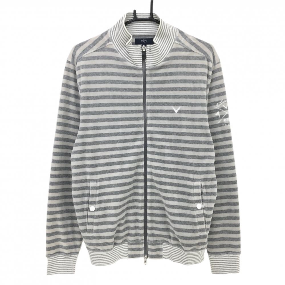 キャロウェイ ハイネックジャケット グレー×ライトグレー ボーダー フリース調 ロゴ刺しゅう メンズ L ゴルフウェア Callaway