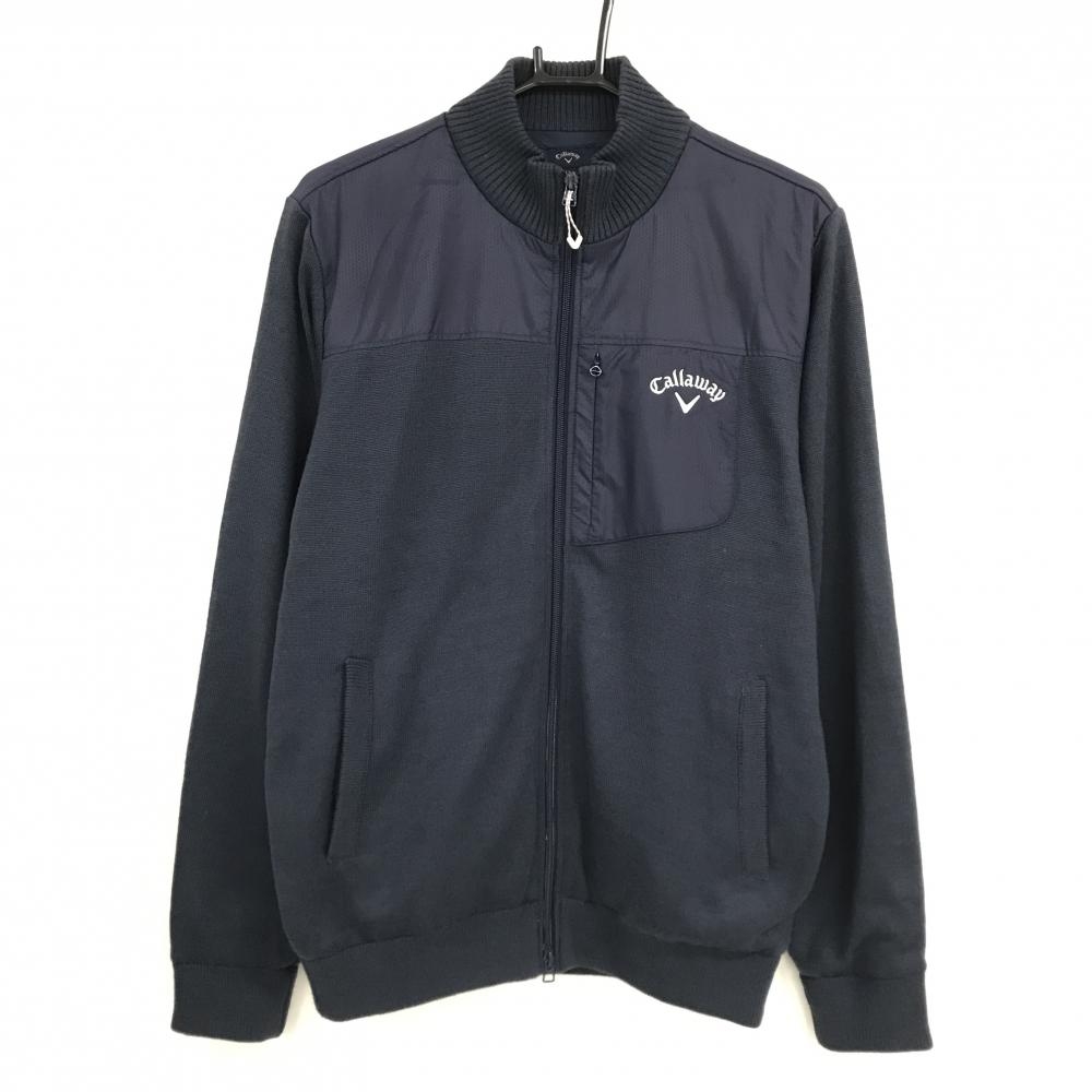 【美品】キャロウェイ 切替ニットブルゾン ネイビー ロゴ白 上部異素材 ウール混 裏地付 メンズ LL ゴルフウェア Callaway