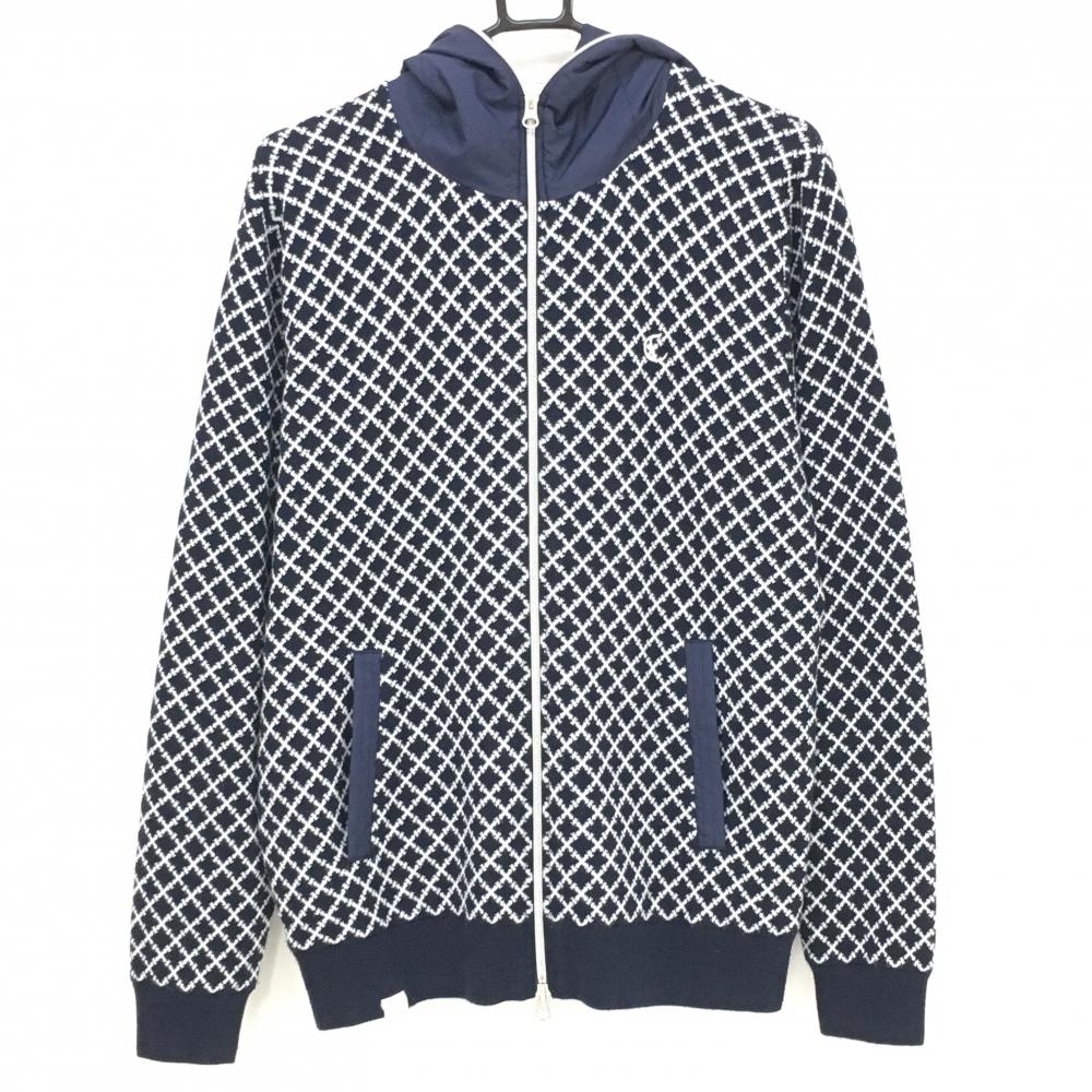 【美品】キャロウェイ フード付ニットジャケット ネイビー×白 ダイヤ柄 フード中綿 裏地付 メンズ LL ゴルフウェア Callaway
