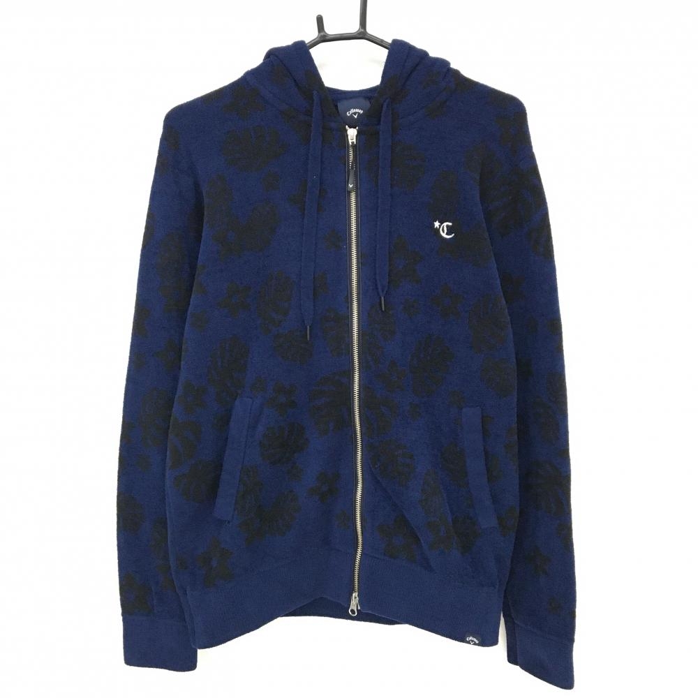 キャロウェイ ジップパーカー ネイビー×黒 リーフ柄 起毛 ブルゾン  メンズ L ゴルフウェア Callaway