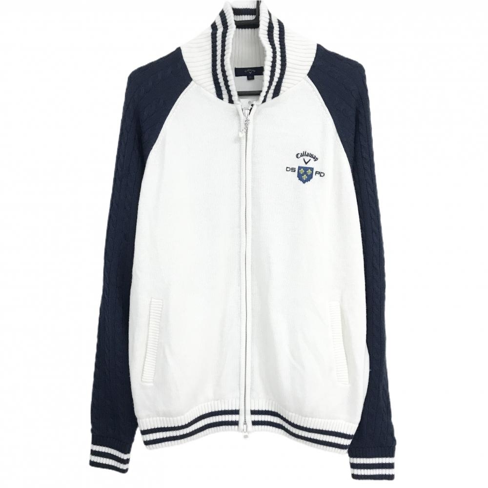 【美品】キャロウェイ ニットジャケット 白×ネイビー 袖ケーブル編み ウール混 裏地付 メンズ 3L ゴルフウェア 大きいサイズ Callaway