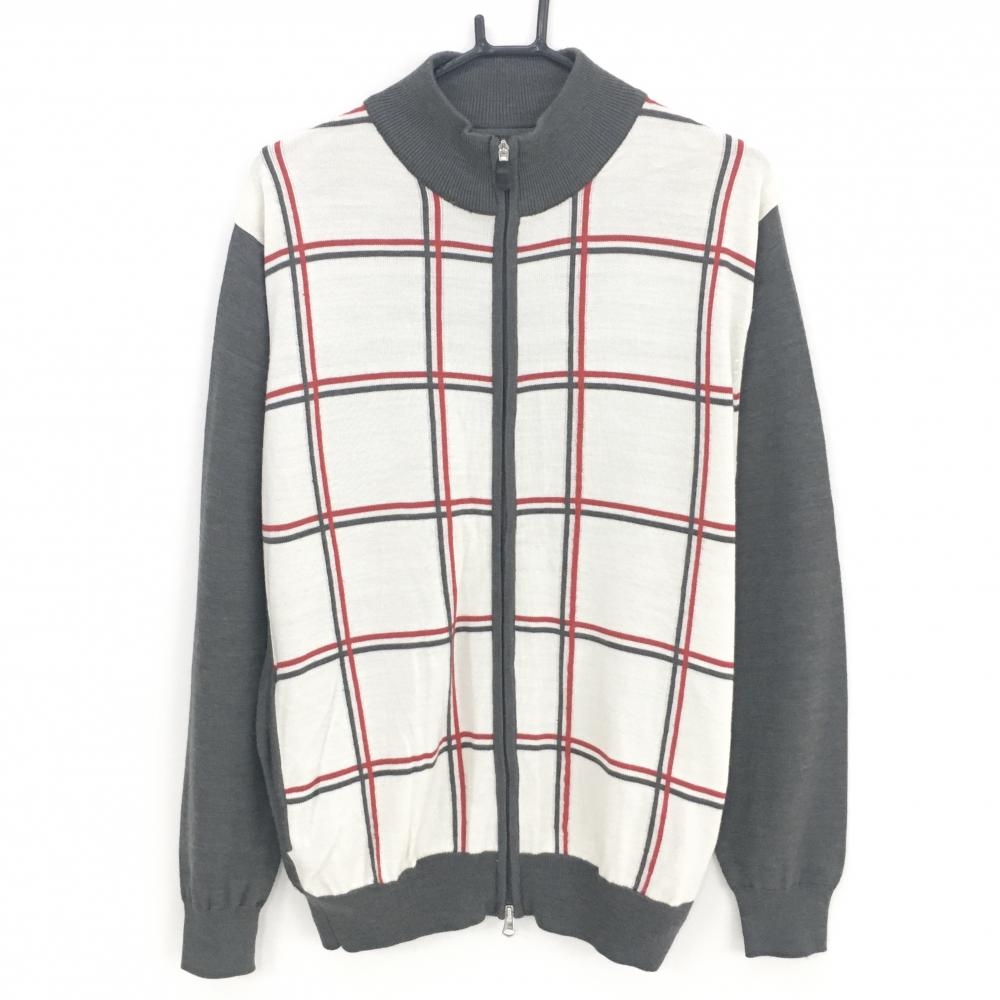 【超美品】キャロウェイ ニットジャケット 白×グレー×レッド 前身頃格子柄 ウール混 WARMSPORT メンズ LL ゴルフウェア Callaway