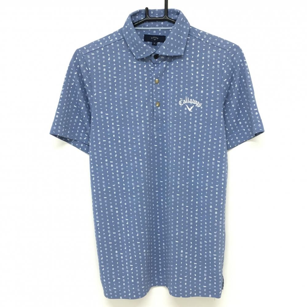 【美品】キャロウェイ 半袖ポロシャツ ライトブルー×白 総柄プリント ボーダー織生地 メンズ M ゴルフウェア Callaway