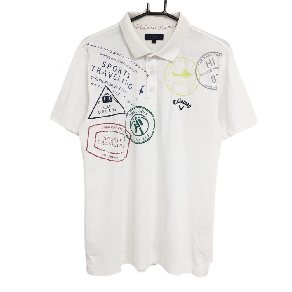 キャロウェイ 半袖ポロシャツ 白×マルチ 前上部柄 ロゴ刺しゅう  メンズ ＬＬ ゴルフウェア Callaway 画像