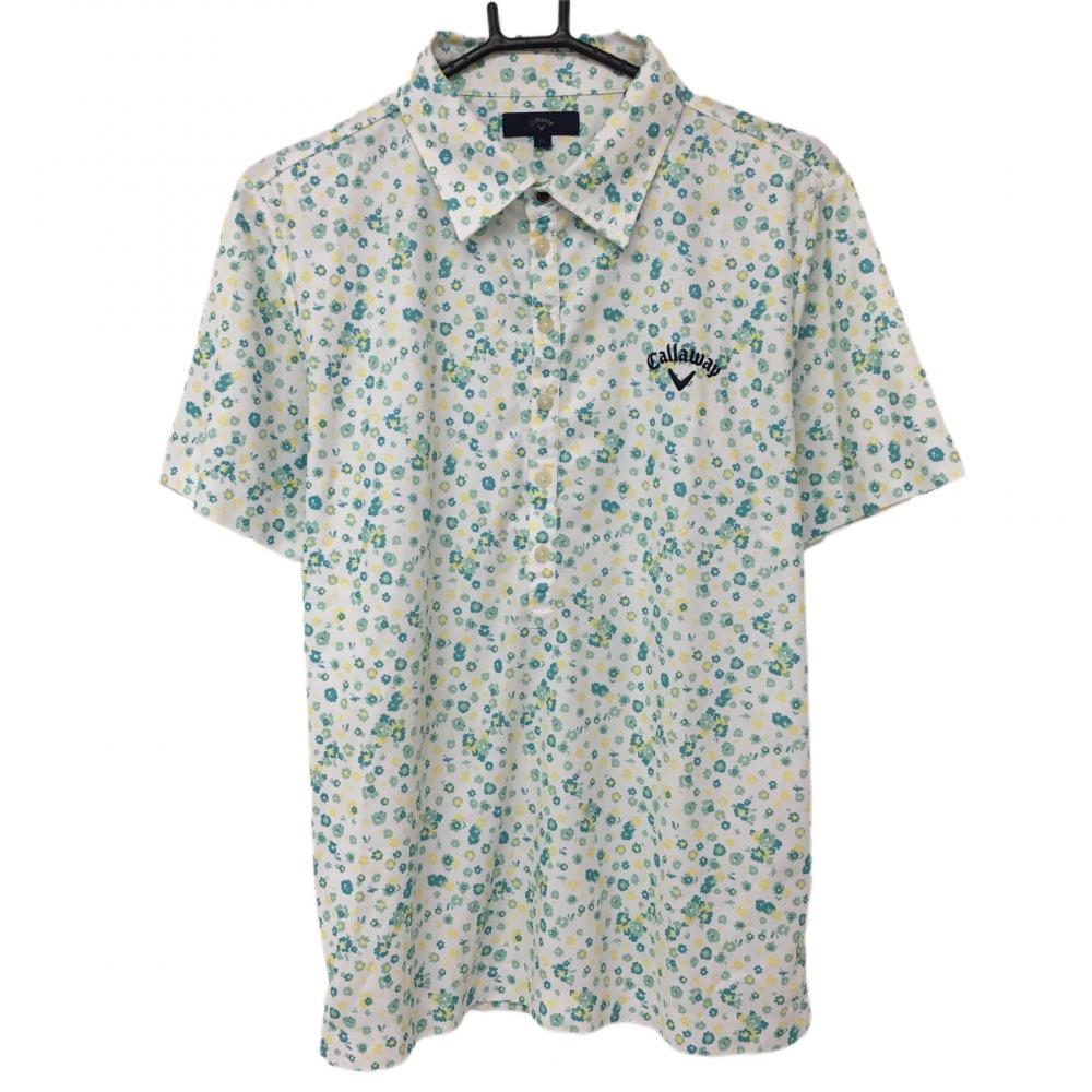 キャロウェイ 半袖ポロシャツ 白×グリーン 花柄 総柄 ロゴ刺しゅう  メンズ LL ゴルフウェア Callaway
