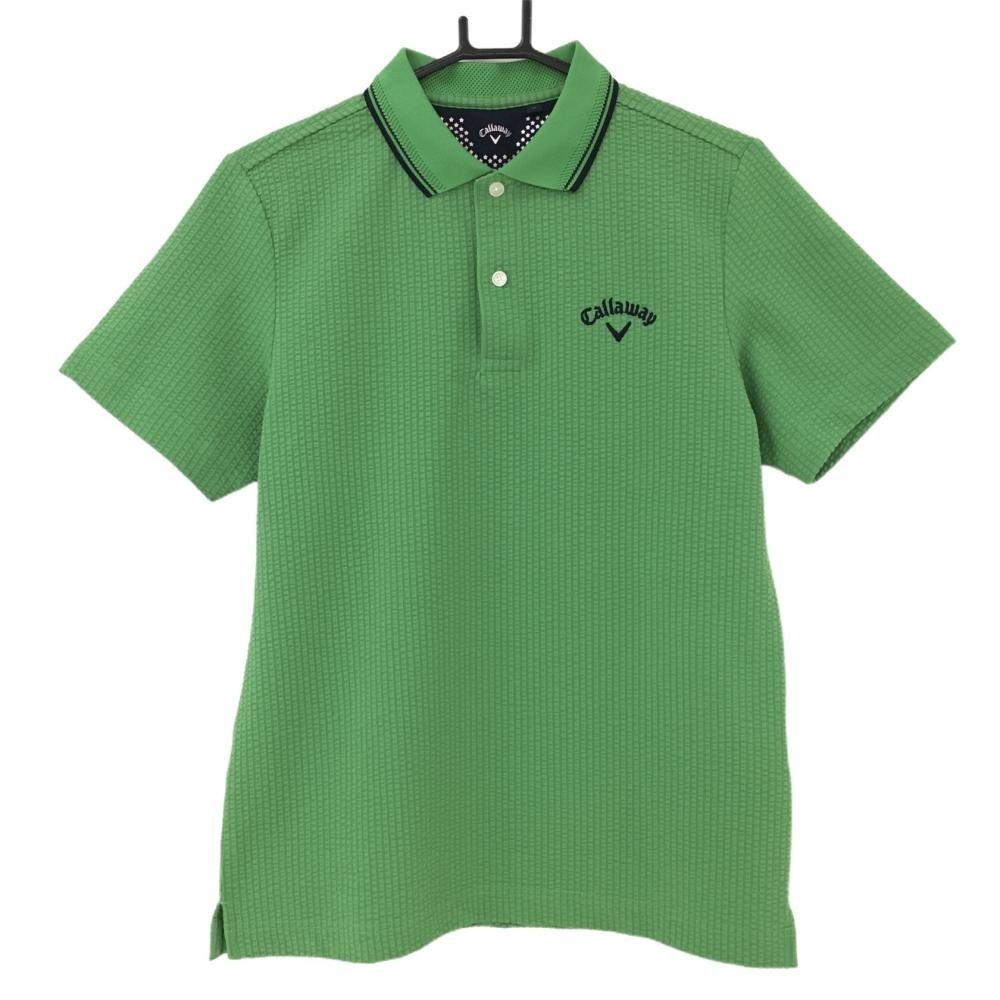 【超美品】キャロウェイ 半袖ポロシャツ グリーン サッカー生地 襟一部透かし編み メンズ M ゴルフウェア 2023年モデル Callaway