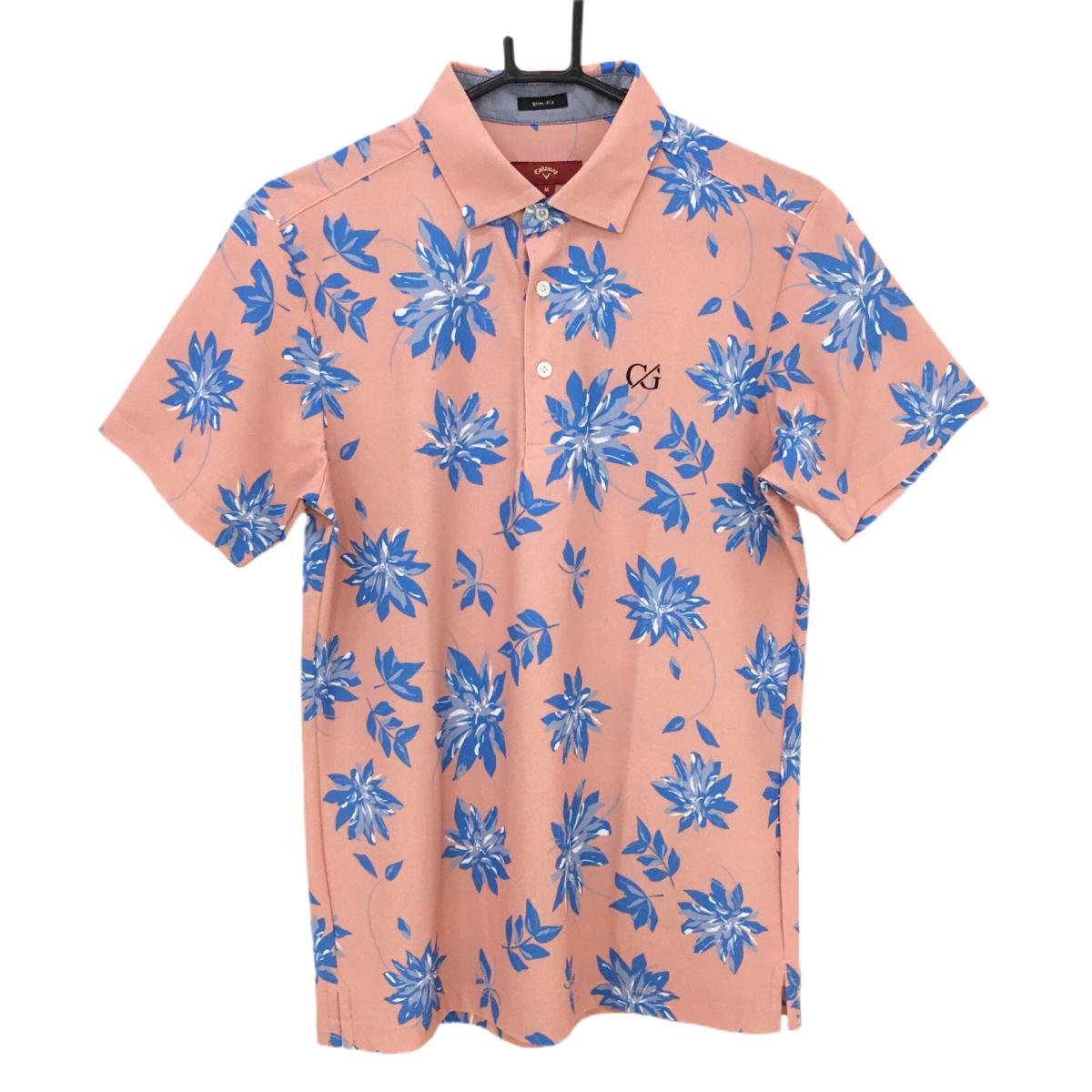 【超美品】キャロウェイ レッドレーベル 半袖ポロシャツ ピンクベージュ×ブルー 花柄 メンズ M ゴルフウェア Callaway